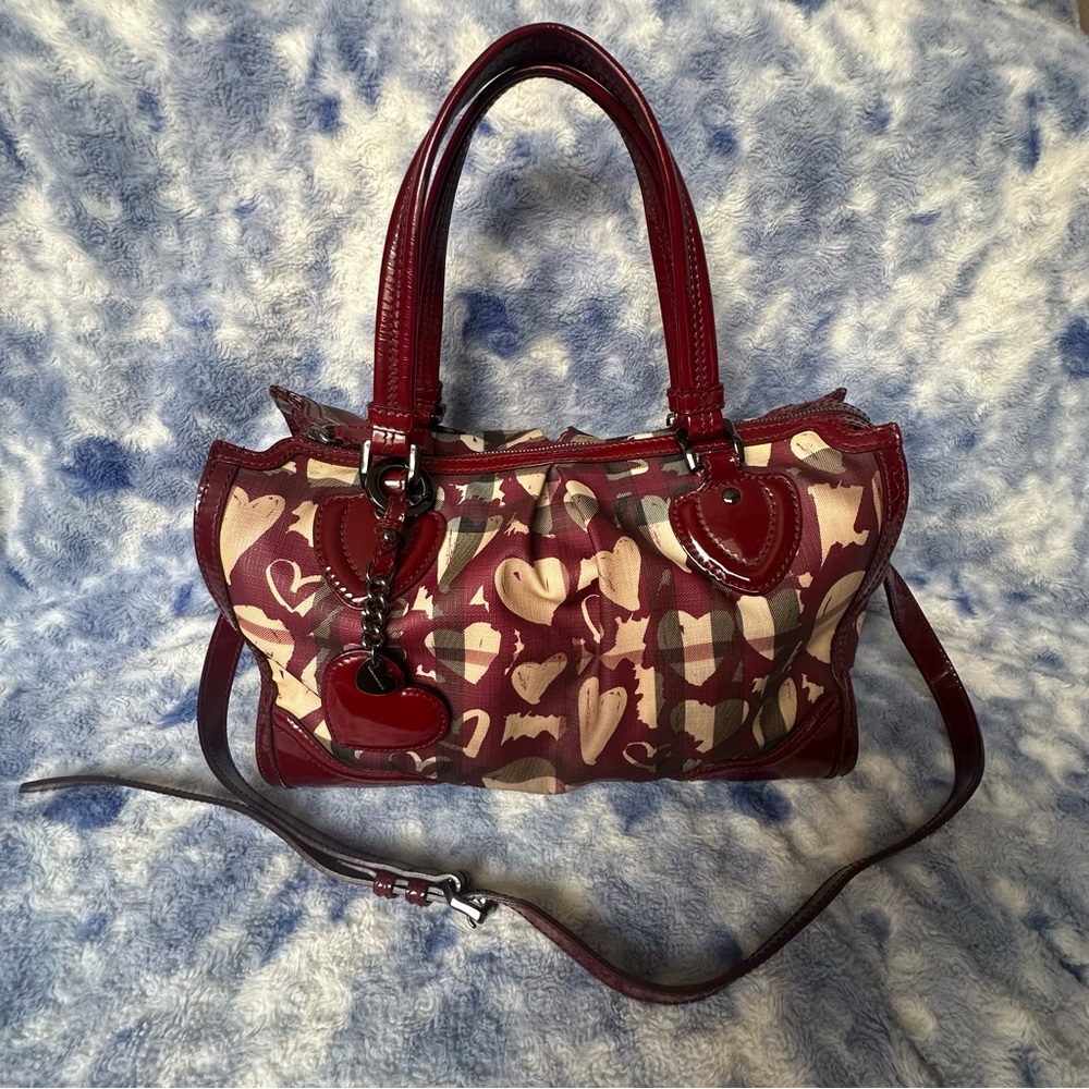 Burberry Red House Check PVC and Patent Leather Hearts Pilgrim Satchel
